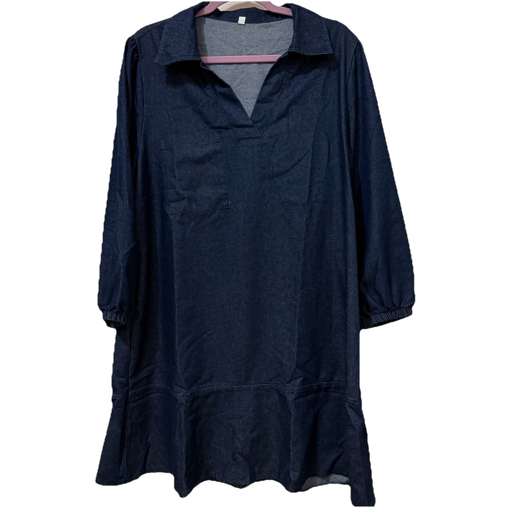 Dark Wash Denim Dress Womens 2XL Blue 3/4 Puff Sleeve V-Neck Ruffle Bottom NWOT‎